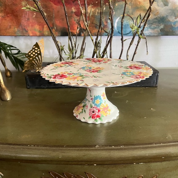 Grace Tea Ware Cake Plate Stand Floral Pedestal Gold Trim Scalloped Edges Riser - Picture 5 of 5